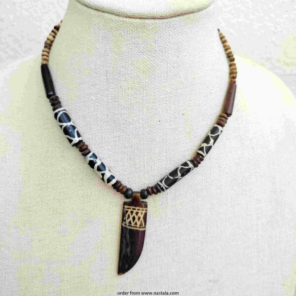 Tribal Carved Horn Pendant Necklace with Wood & Beaded Details