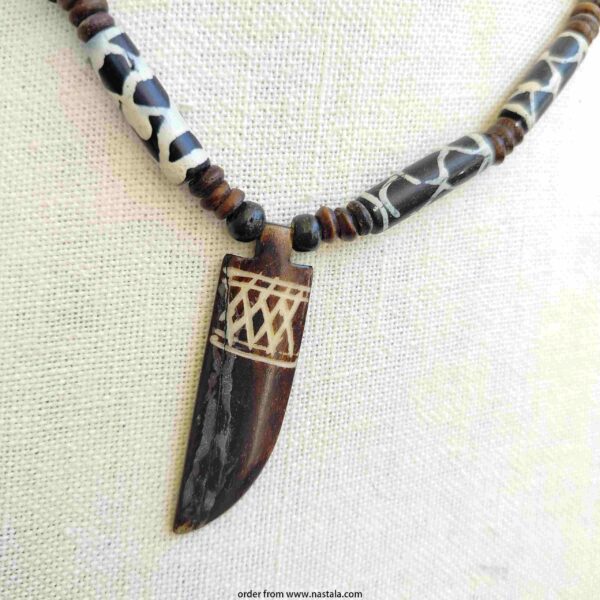 Tribal Carved Horn Pendant Necklace with Wood & Beaded Details - Image 3