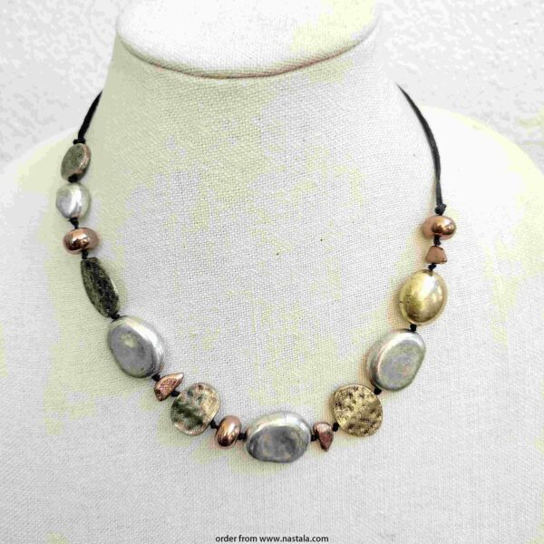 Mixed Metal Pebble Bead Necklace on Black Cord