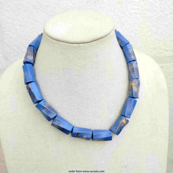 Vintage Blue Japanese Scene Bead Necklace – Hand-Painted Rectangular Beads