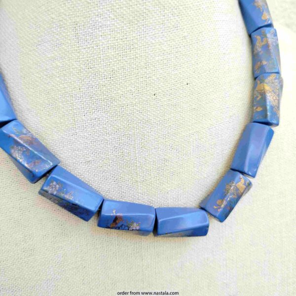 Vintage Blue Japanese Scene Bead Necklace – Hand-Painted Rectangular Beads - Image 3