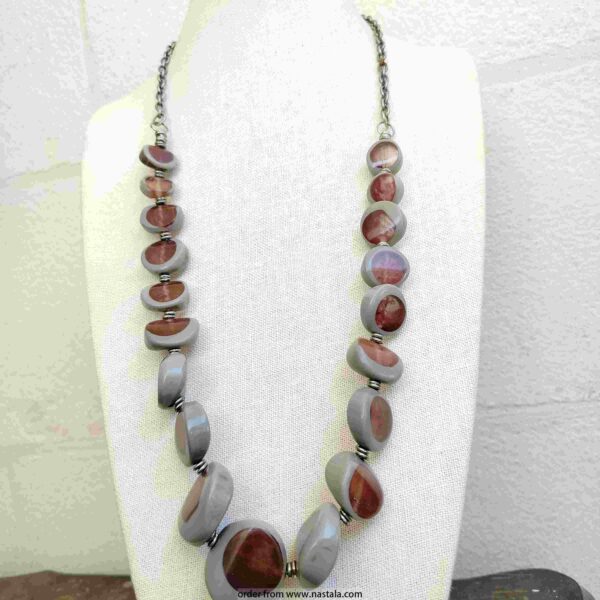 Grey and Maroon Abstract Disc Bead Necklace