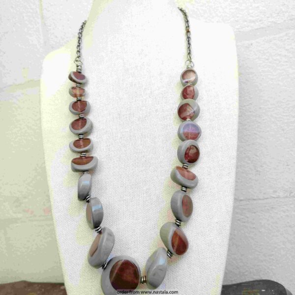 Grey and Maroon Abstract Disc Bead Necklace
