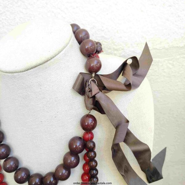 Three-Strand Beaded Necklace in Chocolate Brown and Crimson Red - Image 2