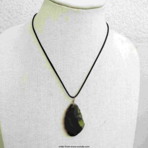 Polished Black Agate Slice Pendant Necklace – Natural Stone on Adjustable Cord