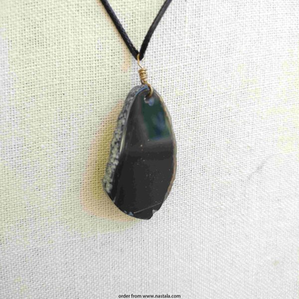 Polished Black Agate Slice Pendant Necklace – Natural Stone on Adjustable Cord - Image 3