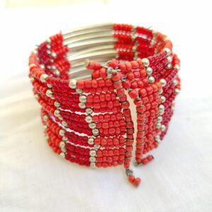 Handmade Red Beaded Cuff Bracelet with Silver Accents