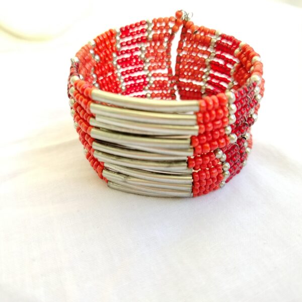 Handmade Red Beaded Cuff Bracelet with Silver Accents - Image 2