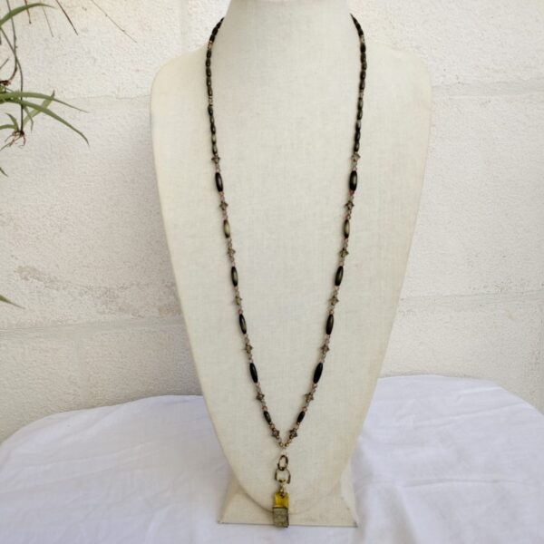 Vintage Long Beaded Necklace with Pendant – Olive Green and Bronze Tones