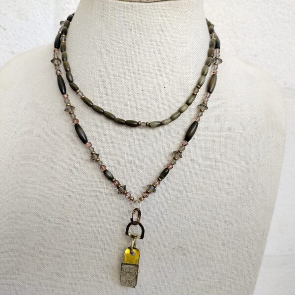 Vintage Long Beaded Necklace with Pendant – Olive Green and Bronze Tones - Image 2