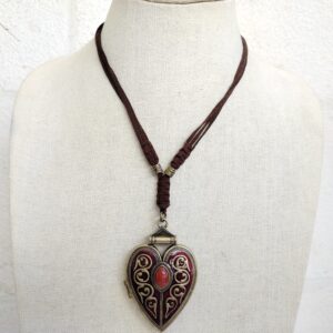 Vintage Heart Locket Necklace with Engraved Quotes and Red Gemstone