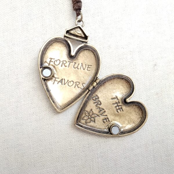 Vintage Heart Locket Necklace with Engraved Quotes and Red Gemstone - Image 3