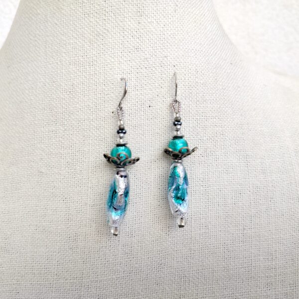 Handmade Venetian Glass Drop Earrings – Teal and Silver