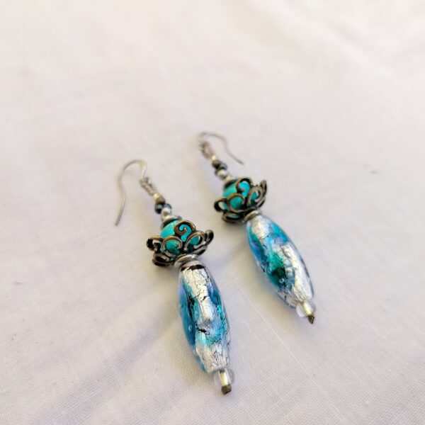 Handmade Venetian Glass Drop Earrings – Teal and Silver - Image 2