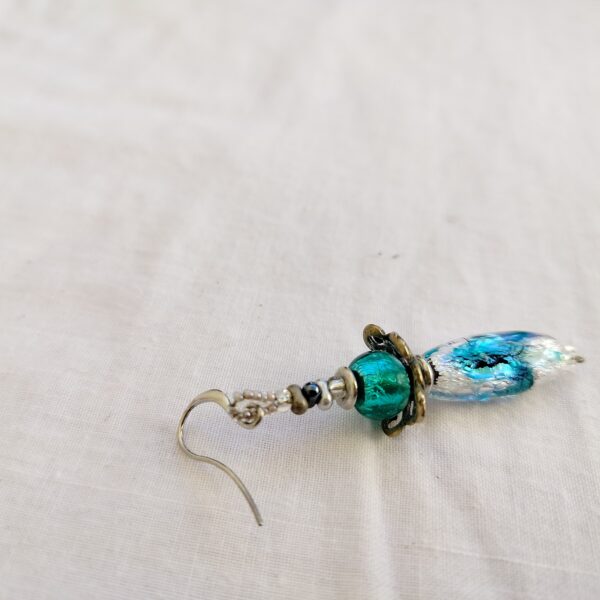 Handmade Venetian Glass Drop Earrings – Teal and Silver - Image 4
