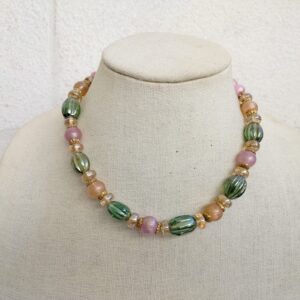 Vintage 1928 Green, Pink, and Gold Glass Bead Necklace