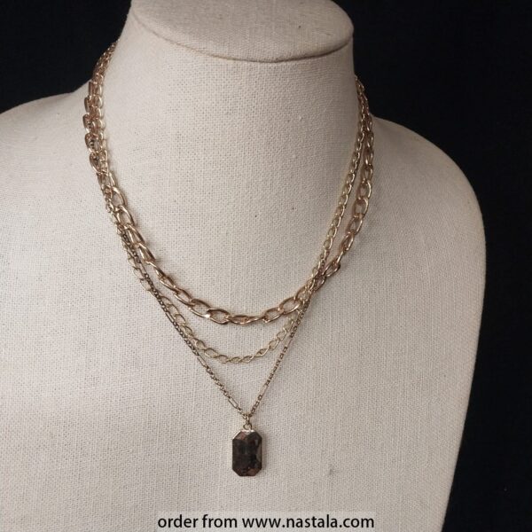 Elegant Layered Gold Chain Necklace with Rustic Crystal Pendant