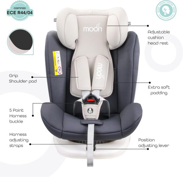 Moon Gyro Baby Car Seat For Child Group 0+/1/2/3 (0-36 Kg/0-12 Year) Isofix+ Top Tether Rotation 360° Grey - Image 5