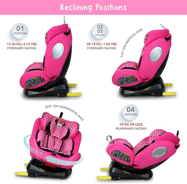 Disney Minnie Mouse Baby/Kids 4 In 1 Car Seat 360 Degree Rotation 4 Position Recline Isofix Side Protection Suitable 0 Months To 12 Years Group 0+/1/2/3, Upto 36Kg Official Disney Product, Multicolor - Image 5