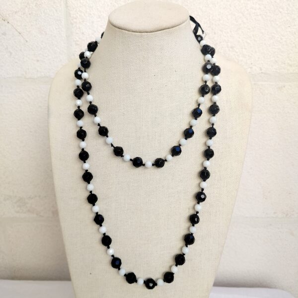 Retro Vintage 80s Black Clear Faceted Sphere Ball Two Tone Long Lightweight Monochrome Beaded Necklace