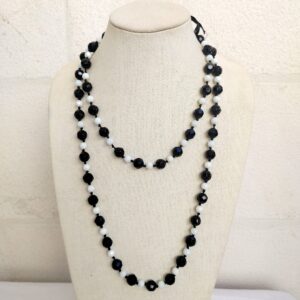 Retro Vintage 80s Black Clear Faceted Sphere Ball Two Tone Long Lightweight Monochrome Beaded Necklace