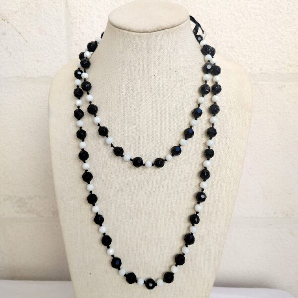 Retro Vintage 80s Black Clear Faceted Sphere Ball Two Tone Long Lightweight Monochrome Beaded Necklace