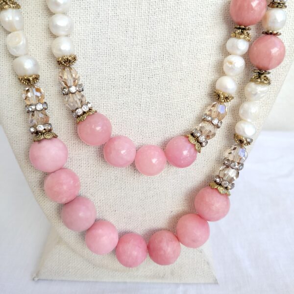 Natural Pearls and rose quartz beads necklace, handmade - Image 3