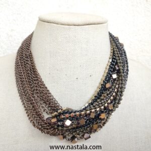 Layered Bronze Chain Statement Necklace with Metallic Beads – Bold Chunky Jewelry