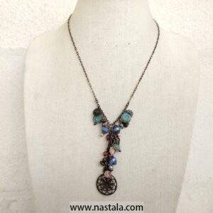 Bohemian Multi-Gemstone Pendant Necklace – Antique Bronze Chain Handmade Jewelry