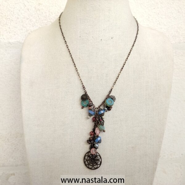 Bohemian Multi-Gemstone Pendant Necklace – Antique Bronze Chain Handmade Jewelry