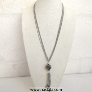 Women's Round Rhinestone Dangle Necklace w/Tassel Silver Tone