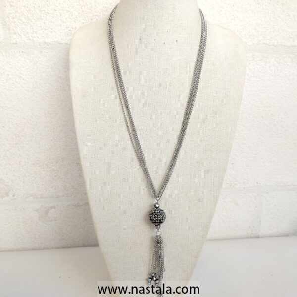 Women's Round Rhinestone Dangle Necklace w/Tassel Silver Tone