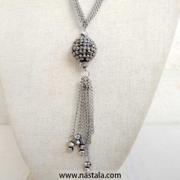 Women's Round Rhinestone Dangle Necklace w/Tassel Silver Tone - Image 3