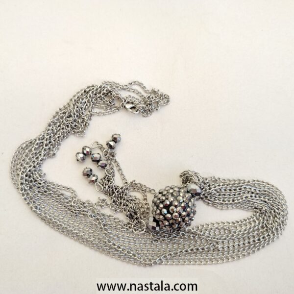 Women's Round Rhinestone Dangle Necklace w/Tassel Silver Tone - Image 2