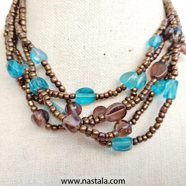 A multi-strand necklace with turquoise and brown beads | قلادة متعددة الخيوط مع خرز تركوازي وبني - Image 4