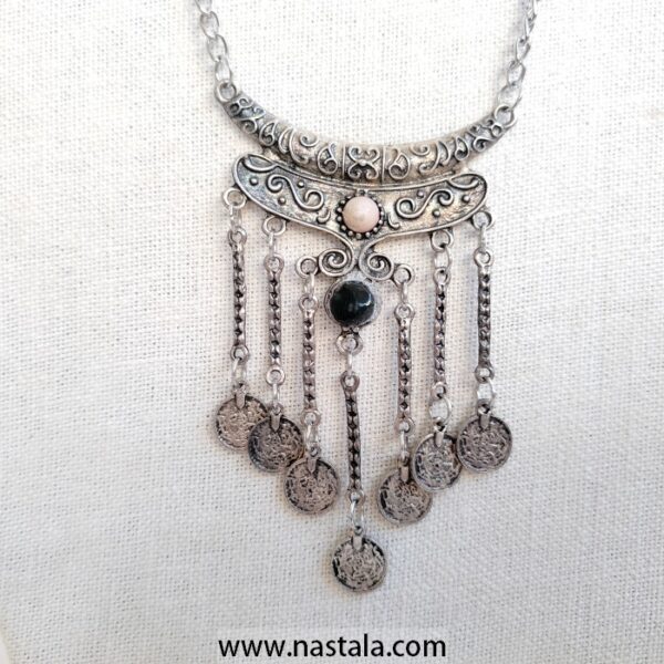 A vintage-style silver necklace with dangling coins | قلادة فضية بتصميم قديم مع عملات متدلية - Image 2