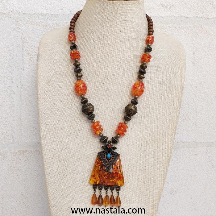 Amber Beaded Necklace with Tribal Bronze Pendant - Image 10