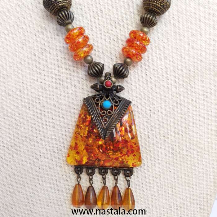 Amber Beaded Necklace with Tribal Bronze Pendant - Image 3