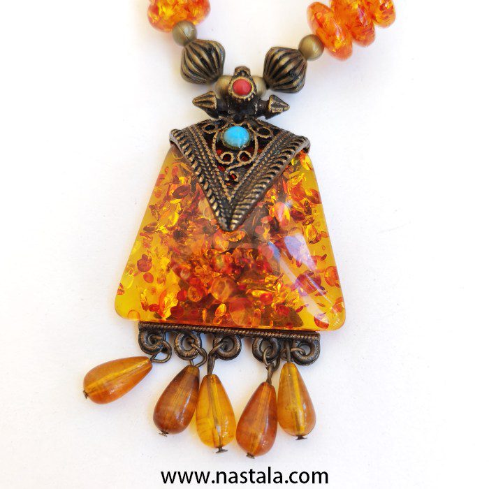 Amber Beaded Necklace with Tribal Bronze Pendant - Image 5