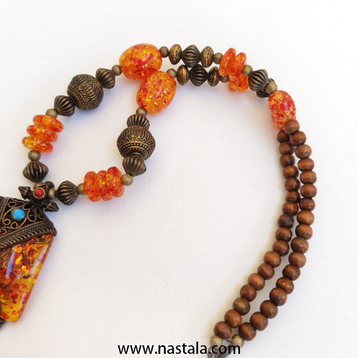 Amber Beaded Necklace with Tribal Bronze Pendant - Image 7