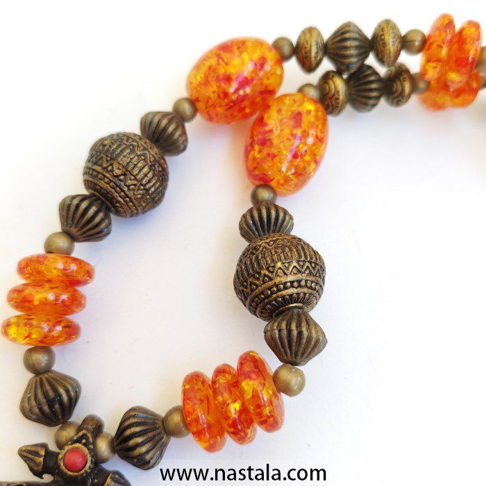 Amber Beaded Necklace with Tribal Bronze Pendant - Image 9