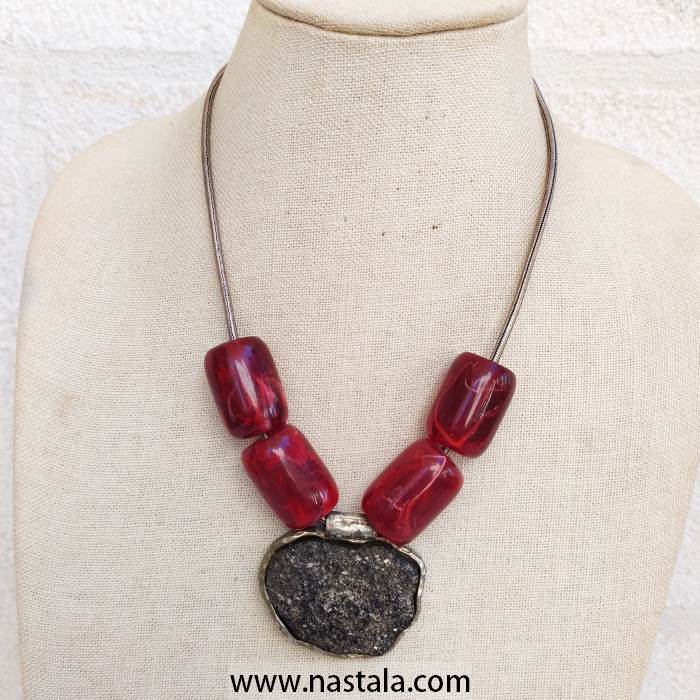 Chunky Red Resin and Rough Stone Pendant Necklace - Image 8