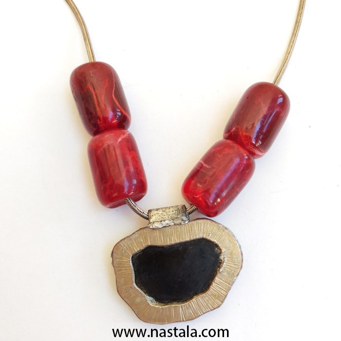Chunky Red Resin and Rough Stone Pendant Necklace - Image 4