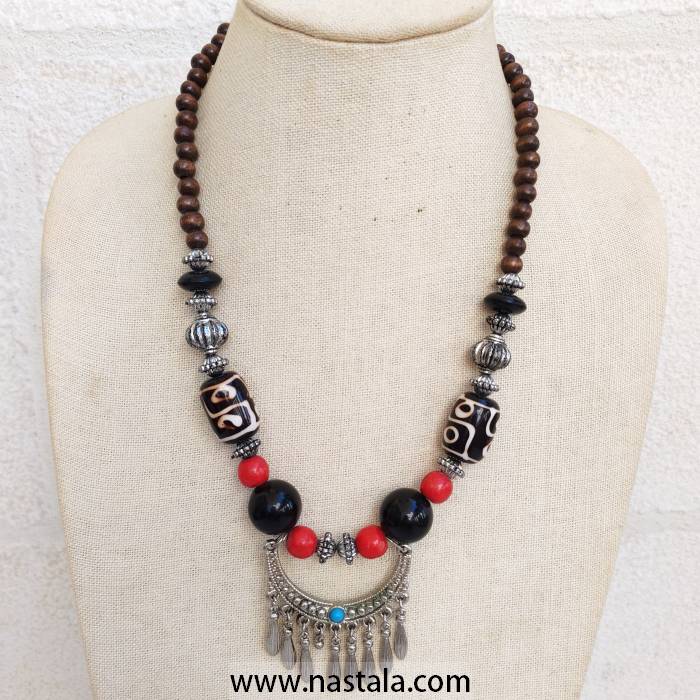 Tribal Necklace with Tibetan Dzi Beads and Silver Crescent Pendant - Image 6