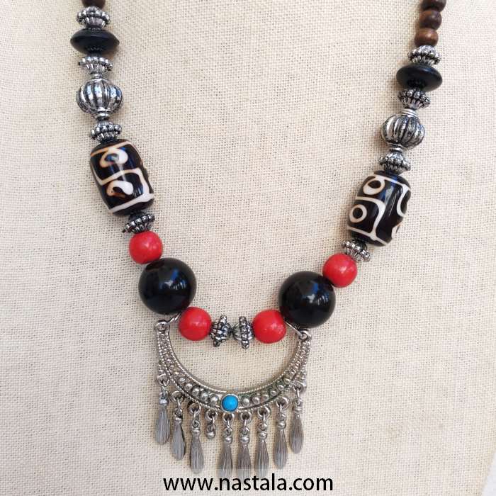 Tribal Necklace with Tibetan Dzi Beads and Silver Crescent Pendant - Image 3