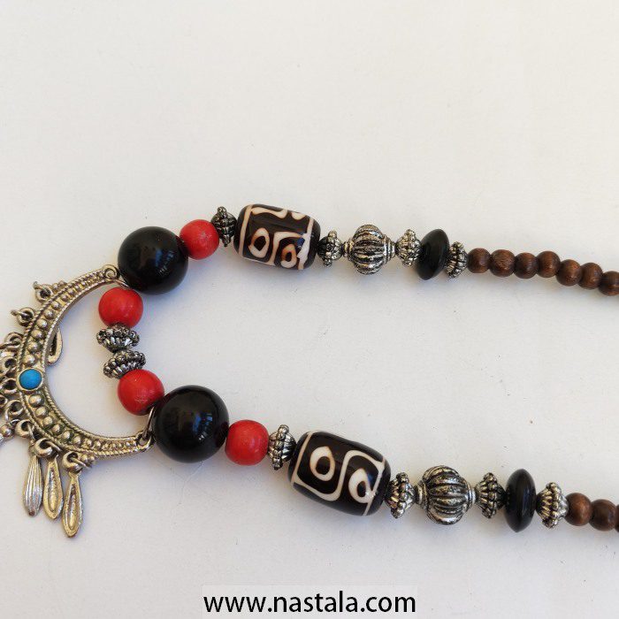 Tribal Necklace with Tibetan Dzi Beads and Silver Crescent Pendant - Image 5