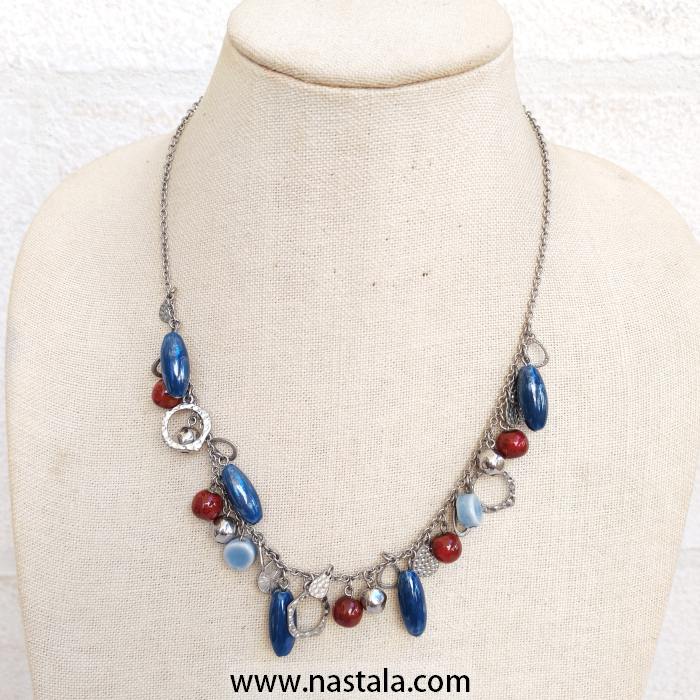 Silver Chain Necklace with Blue and Red Bead Charms - Image 6