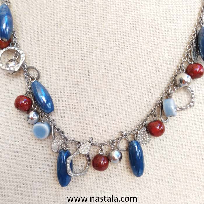 Silver Chain Necklace with Blue and Red Bead Charms - Image 3