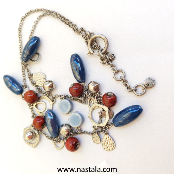 Silver Chain Necklace with Blue and Red Bead Charms - Image 4