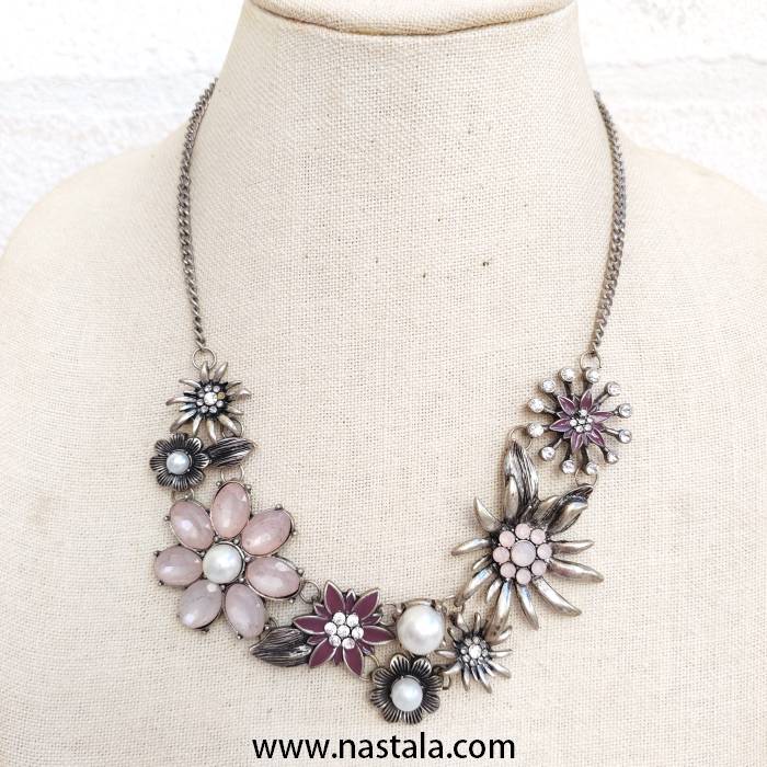 Silver Flower Statement Necklace with Pink Stones and Pearls - Image 8